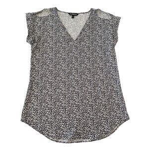 Express Women’s Black and White Printed V-Neck Cut-Out Shoulder Blouse | Small